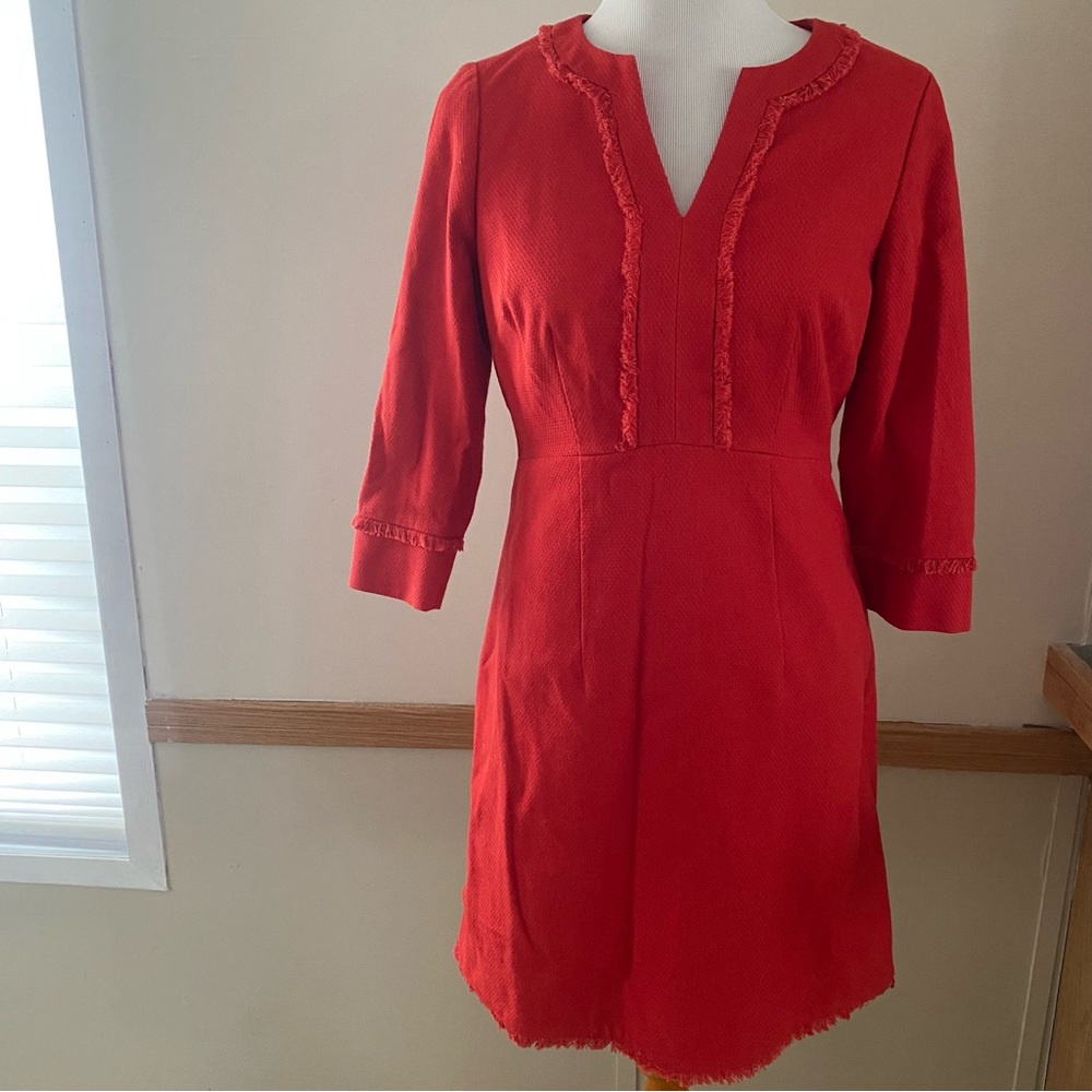 Boden Red Textured Cotton Fringe Dress Tweed
